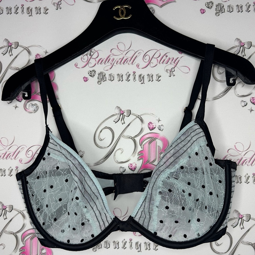 Victoria secret bra low cut Demi light blue black polka dot dotted mesh bustier